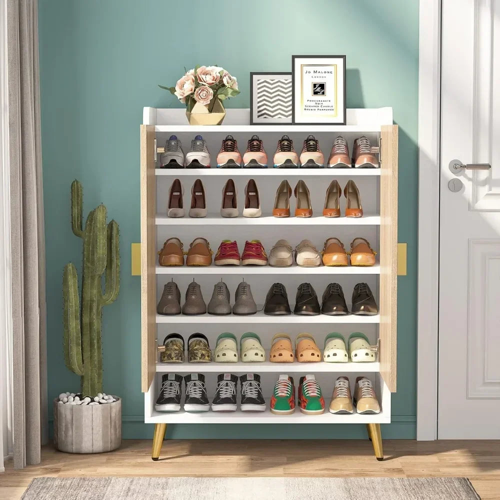 ShoeCabinet with Doors,7-Tier Shoe Storage Cabinet with Adjustable Shelves,Wooden Shoes Rack Shoefor Entryway,Closet,Living Room