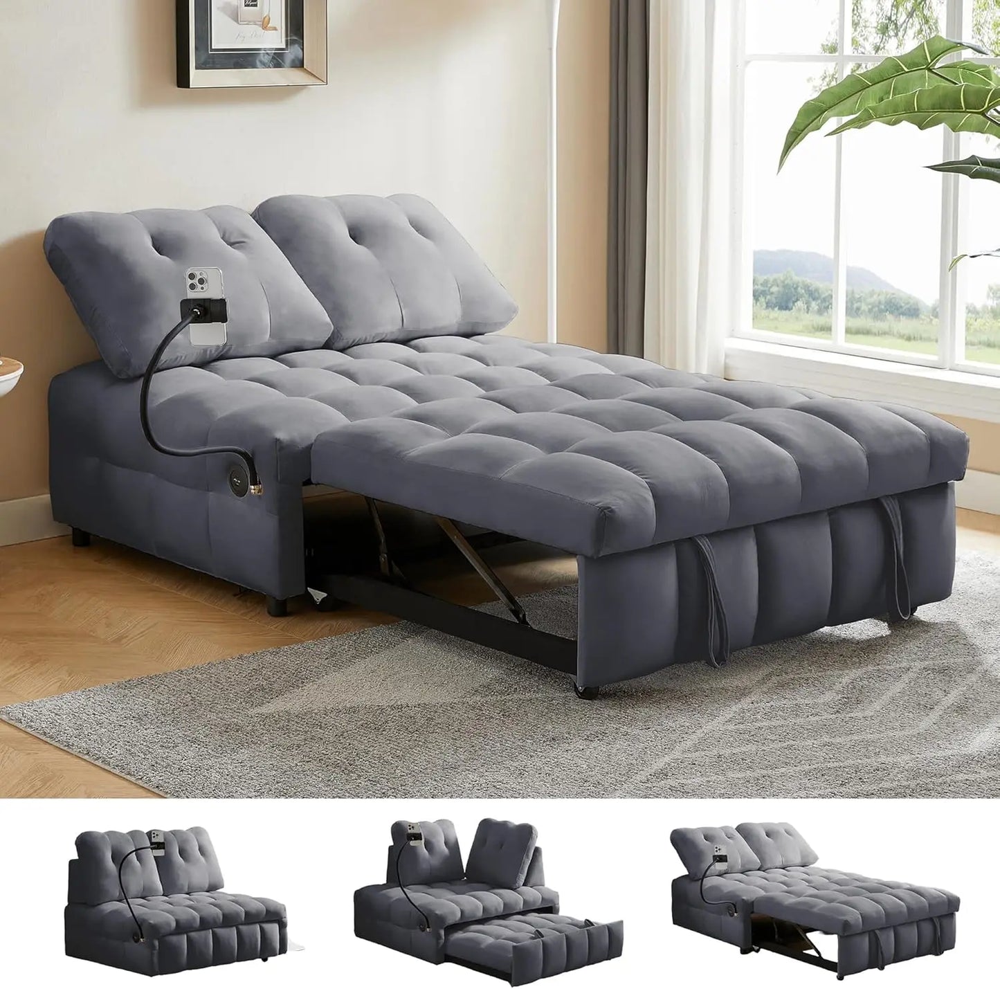 Twin Pull Out Sofa Bed with USB Port,Velvet Upholstery Couch, Chaise Lounge,Convertible Sleeper Sofa Bed