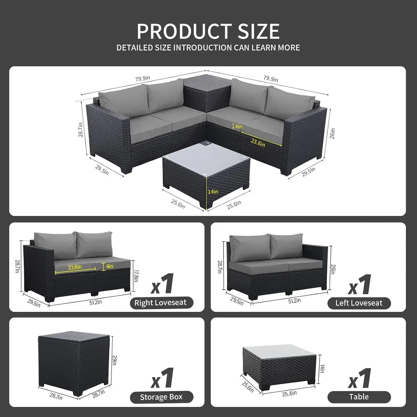 Outdoor PE Wicker Patio Furniture Set 4 Piece Black Rattan Sectional Loveseat Couch Set Conversation Sofa with Storage Grey