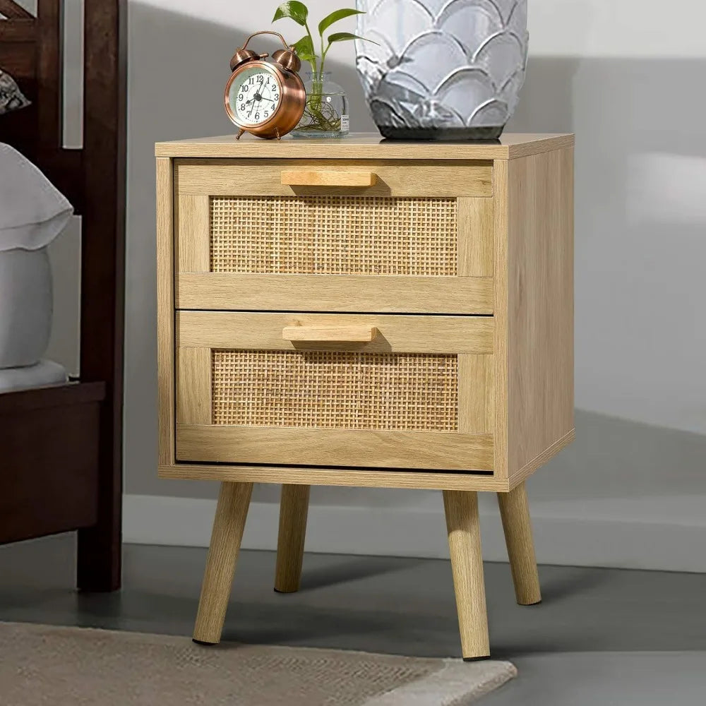 Night Stand Set of 2, Nightstand with 2 Hand Made Rattan Decorated Drawers, Wood Accent Table with Storage for Bedroom, Natural