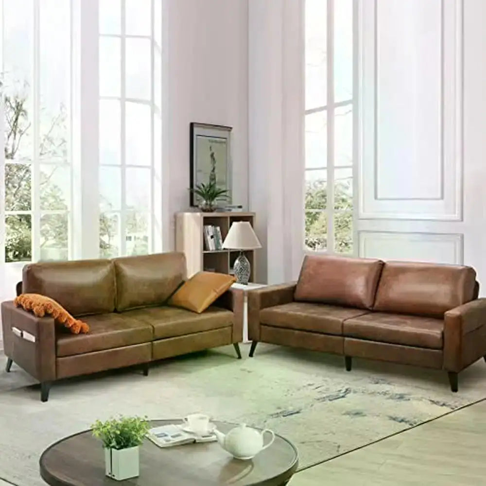 Mid-Century Modern Brown Faux Leather Sofa 79" Comfy Couch Spacious Seat Easy Assembly Durable PU Leather Loveseat Living Room