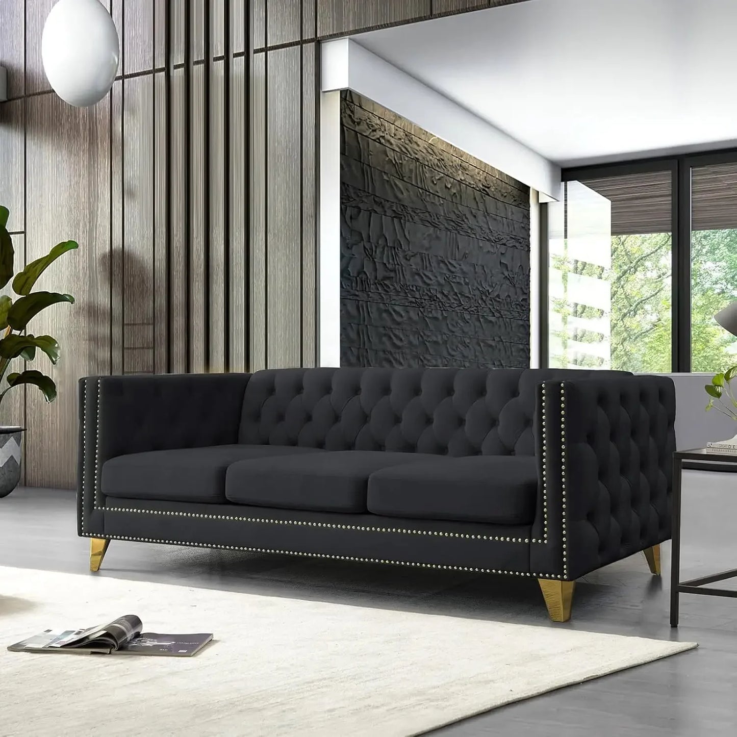 Velvet 3-seater sofa, comfortable living room sofa with tufted back and stud trim, padded couch, solid gold metal tapered legs