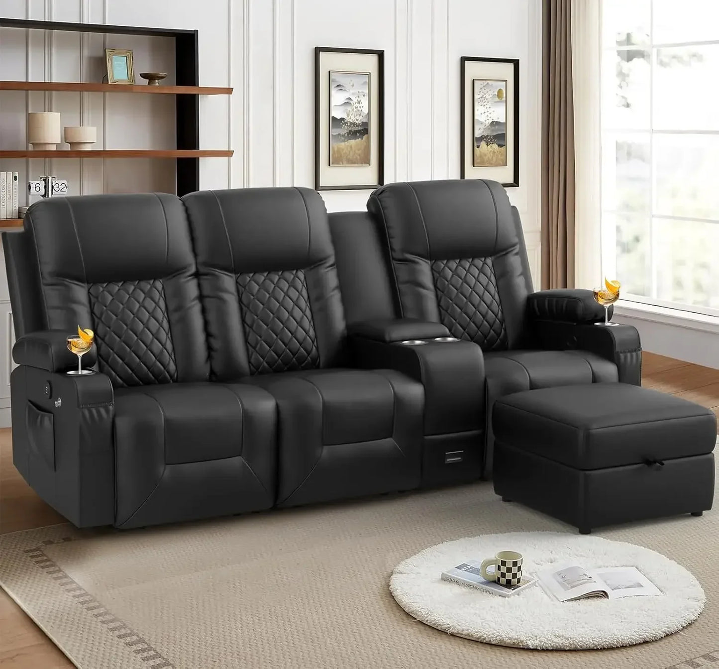 Living Room Sofa Set, 3 Seat Reclining Sofa and 2PC 360° Swivel Recliner Chair with Heat and Massage for Living Room Sofa