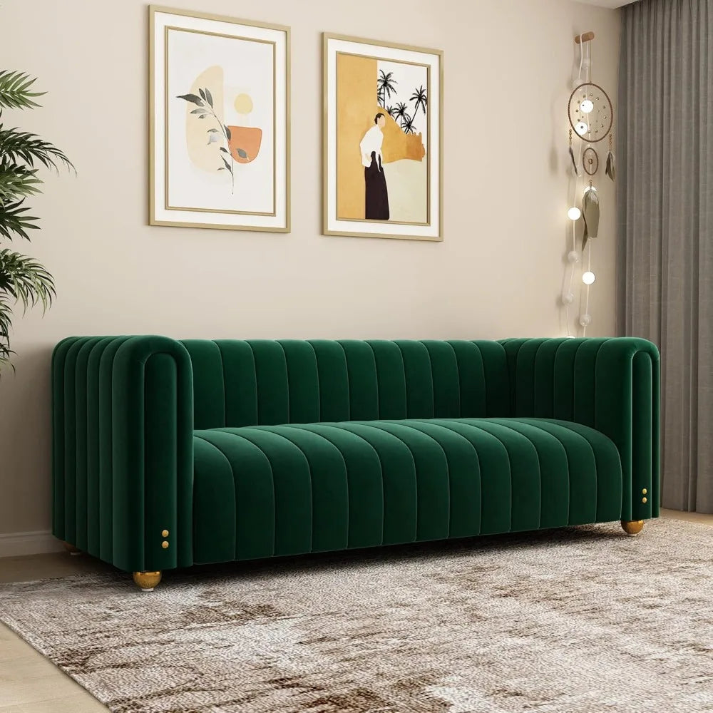 Green Velvet Couch, 81.3 Wide Modern Couch Small Spaces LoveSeat with Gold Leg, Comfy 3 Seat Extra Deep Sofas for Living Room