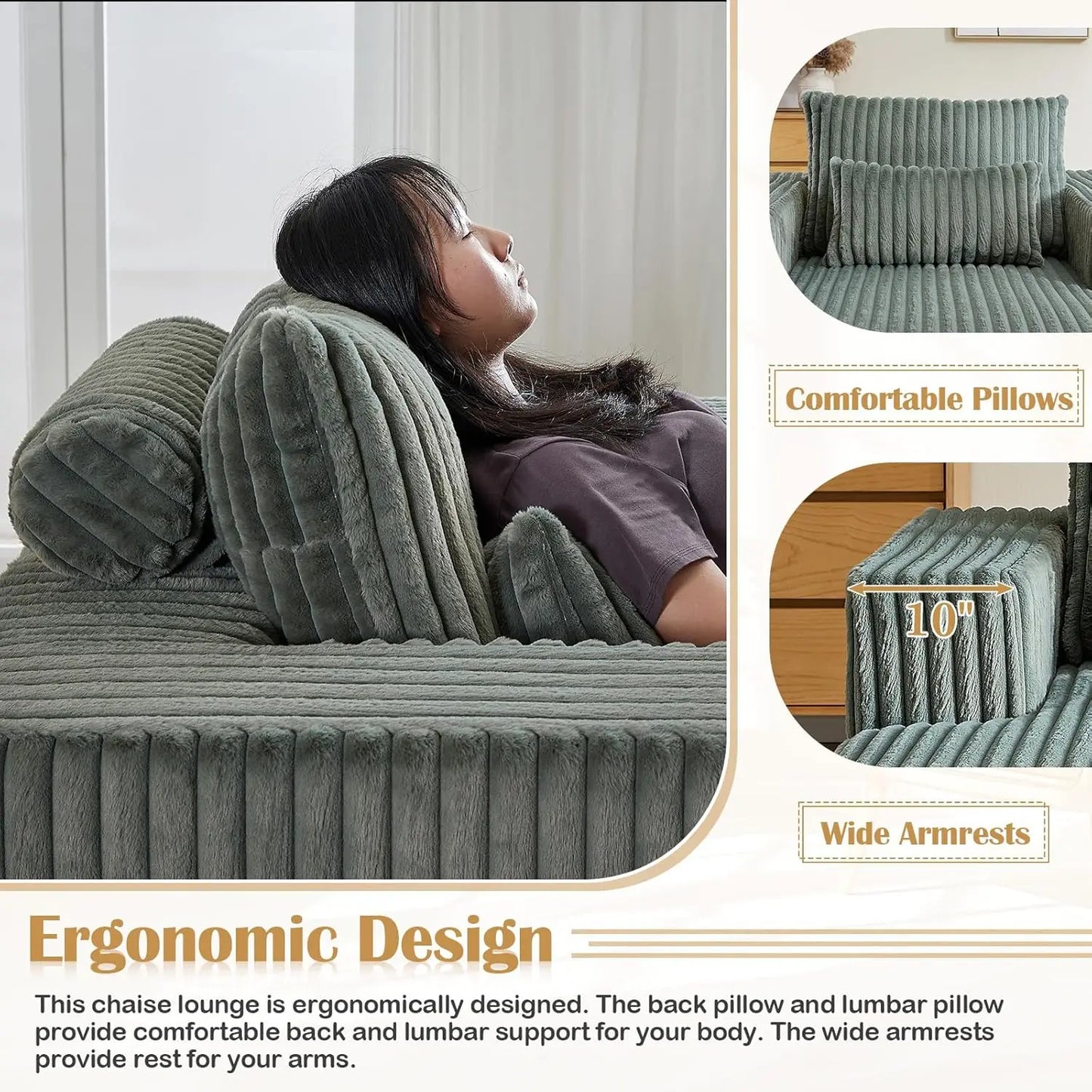 Oversized Chaise Lounge Chair Indoor,48.5" Upholstered Plush Corduroy Sofa W Armrests&Pillows,Comfy Lounge Sofa Deep Seat Sofa
