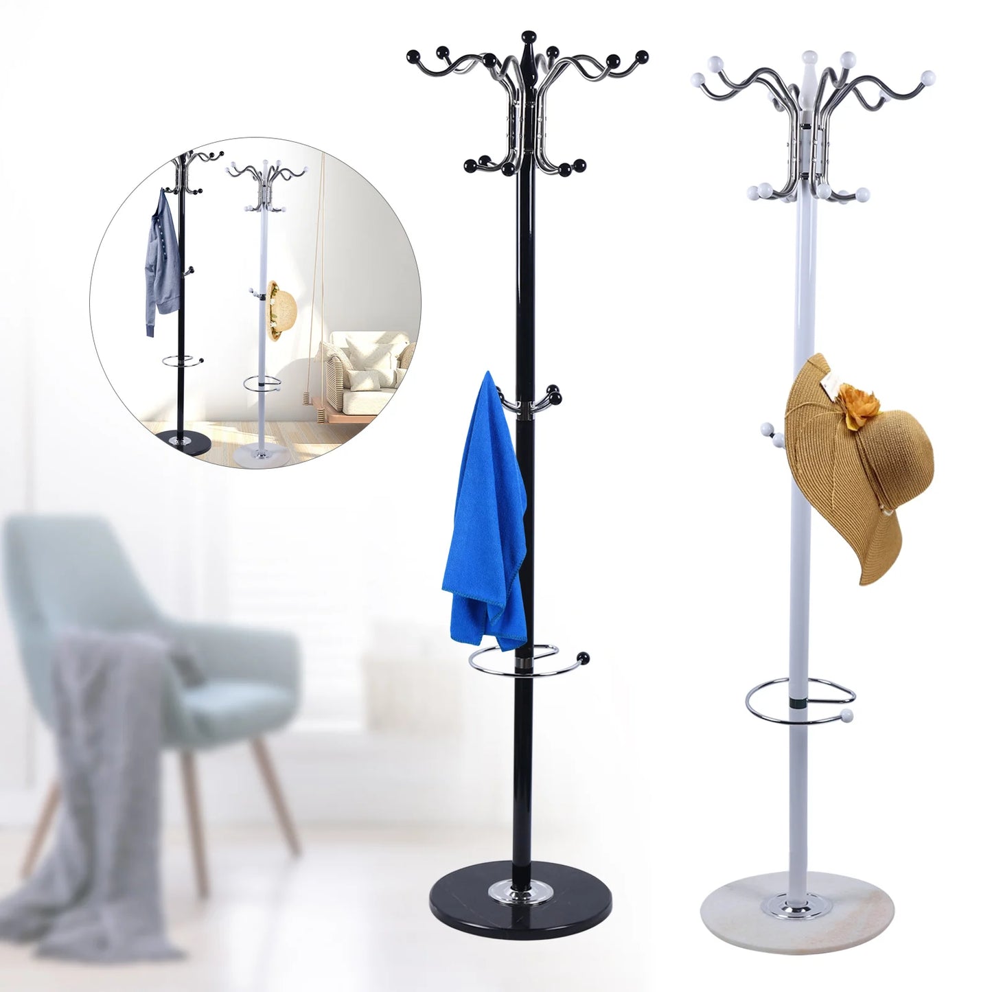 Metal Coat Tree Coat Racks with 16 Hooks Hat Jacket Stand Tree Holder Hanger Rack Marble Base