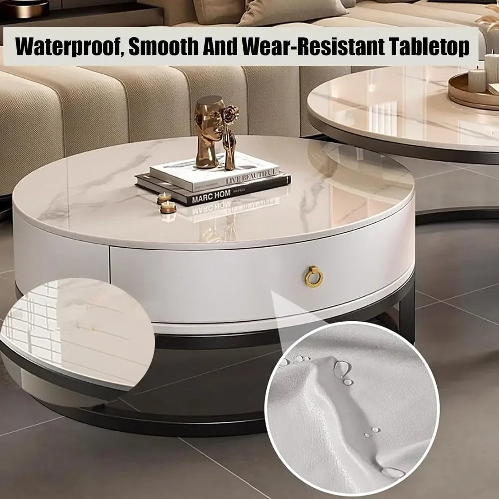 Modern Nesting Coffee Table with drawer,round,soild wood tabletop,metal frame,simple Sliding design tea table for Living Room