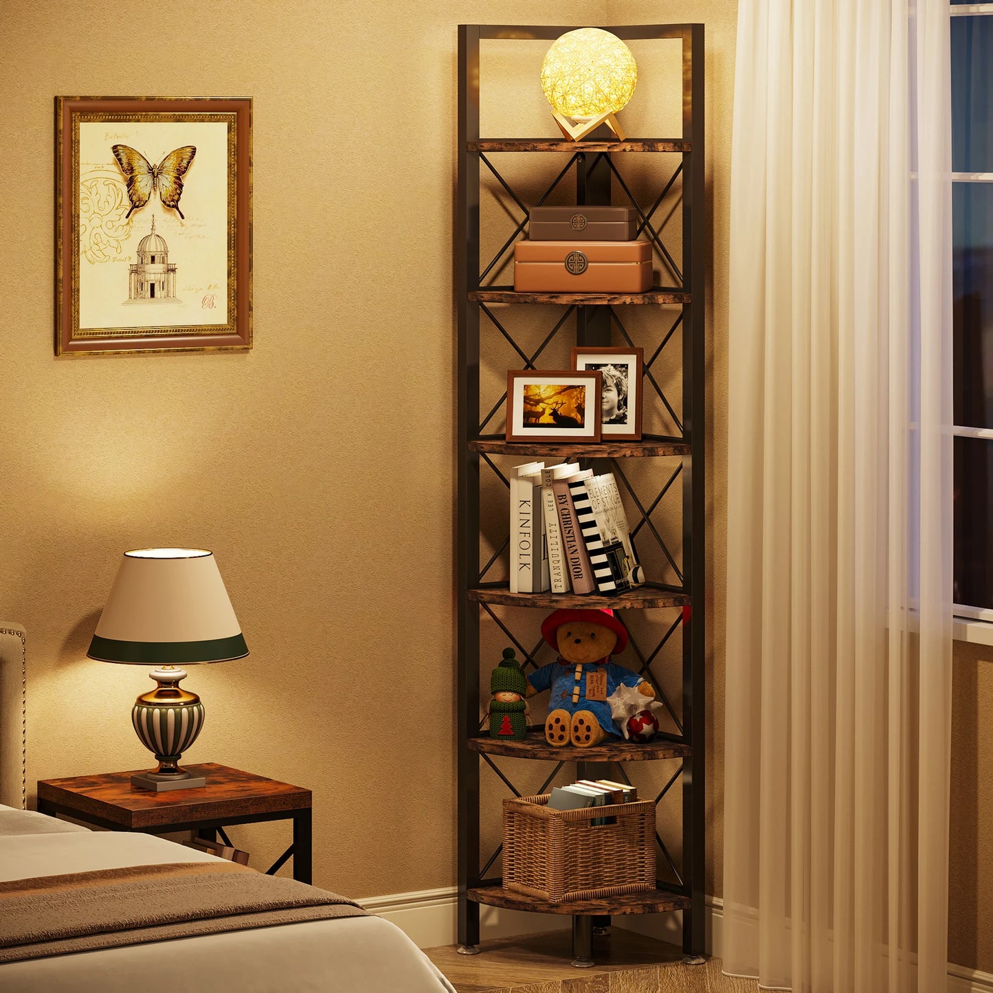 Tribesigns 6 Tier Corner Shelf, Rustic Corner Bookshelf Small Bookcase Corner Storage Rack Plant Stand for Living Room