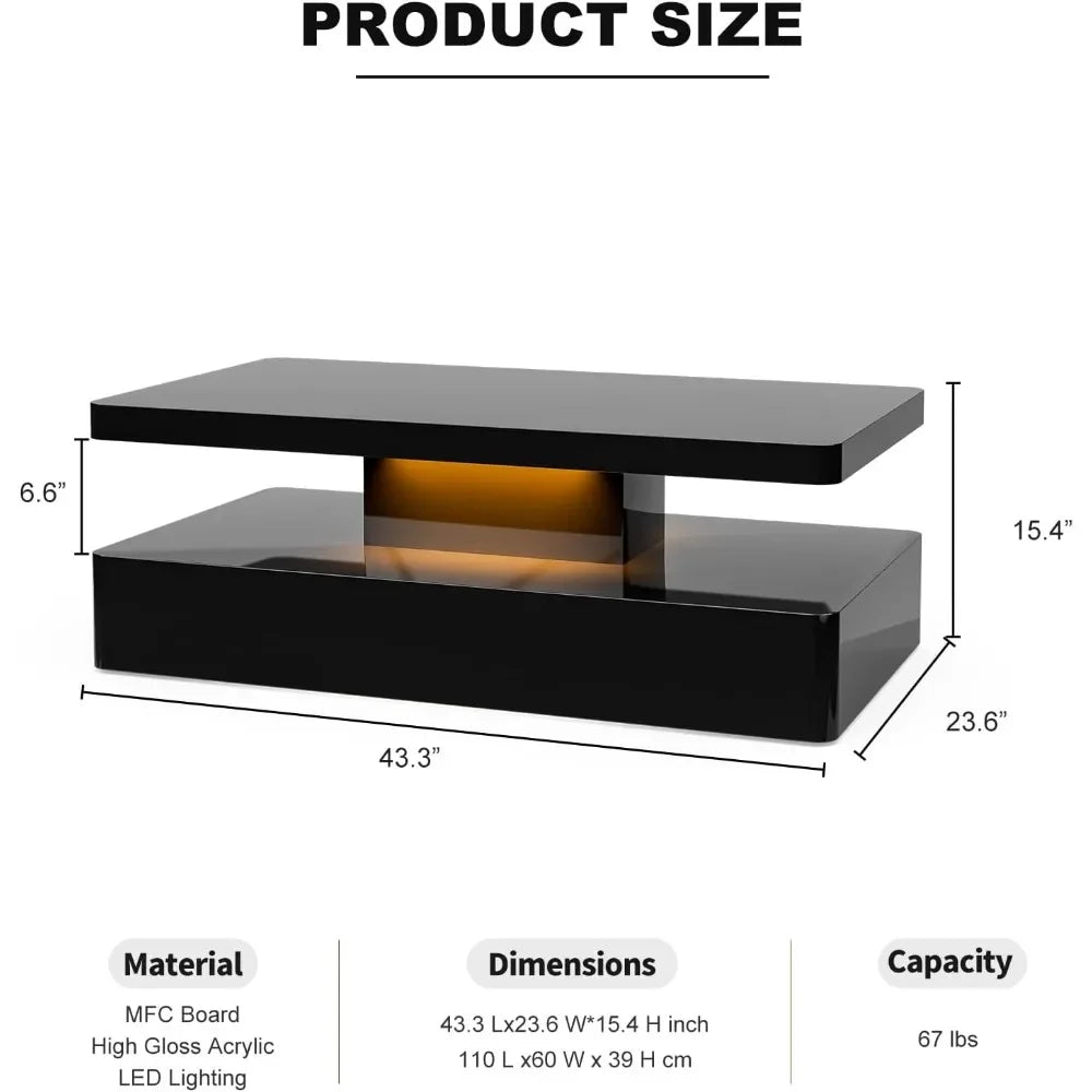 LED High Glossy Coffee Table, Modern Coffee Table for Living Room,2 Tiers Rectangle Design Table with 16 Colors LED Lights Black