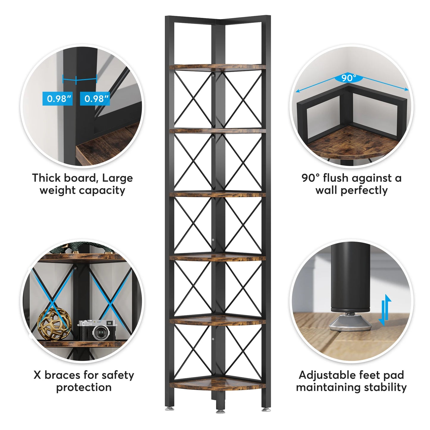 Tribesigns 6 Tier Corner Shelf, Rustic Corner Bookshelf Small Bookcase Corner Storage Rack Plant Stand for Living Room