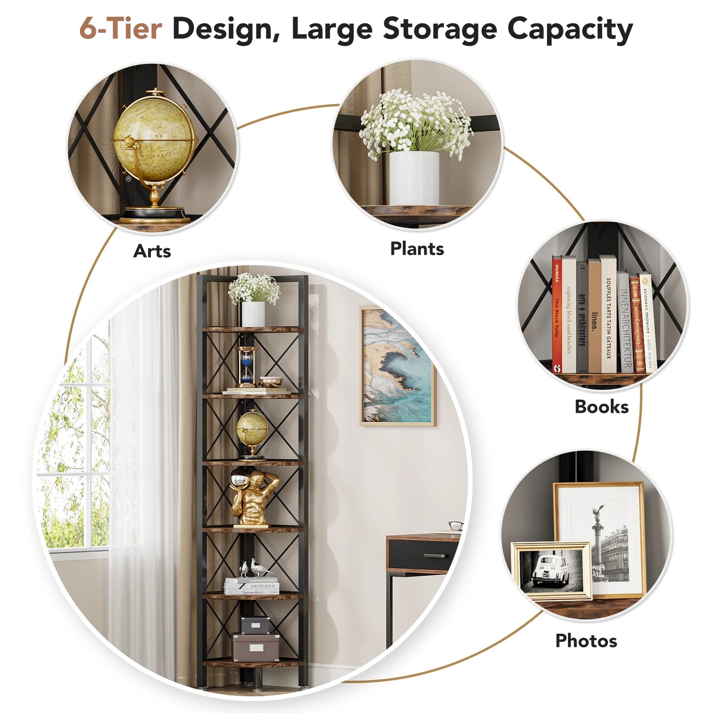 Tribesigns 6 Tier Corner Shelf, Rustic Corner Bookshelf Small Bookcase Corner Storage Rack Plant Stand for Living Room