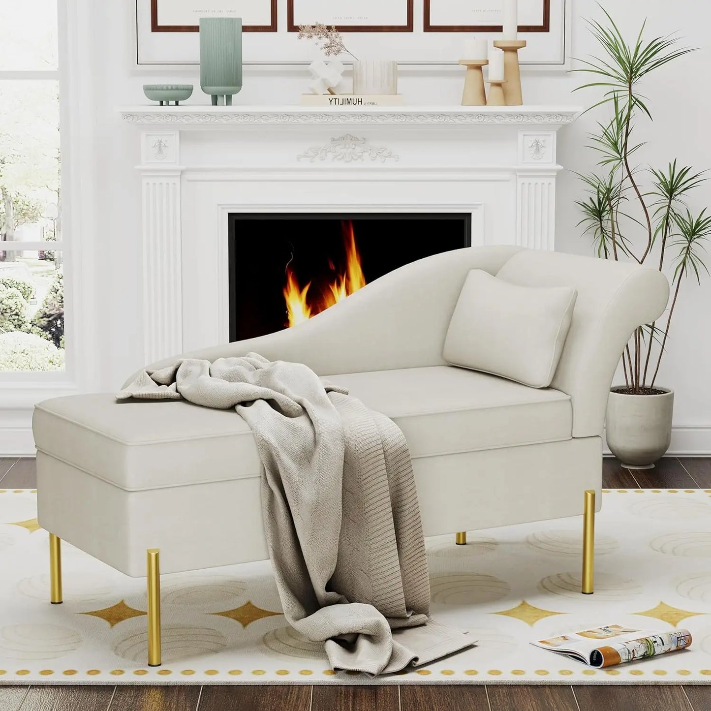 Chaise Lounge with Storage, Modern Upholstered Tufted Chaise Lounge Chair Indoor Sofa Recliner Couch for Bedroom Office Living R