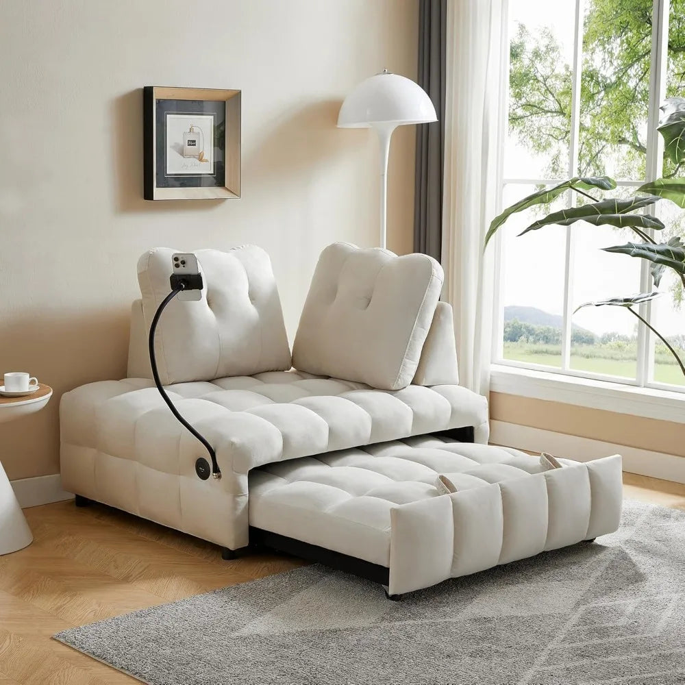 Twin Pull Out Sofa Bed with USB Port,Velvet Upholstery Couch, Chaise Lounge,Convertible Sleeper Sofa Bed