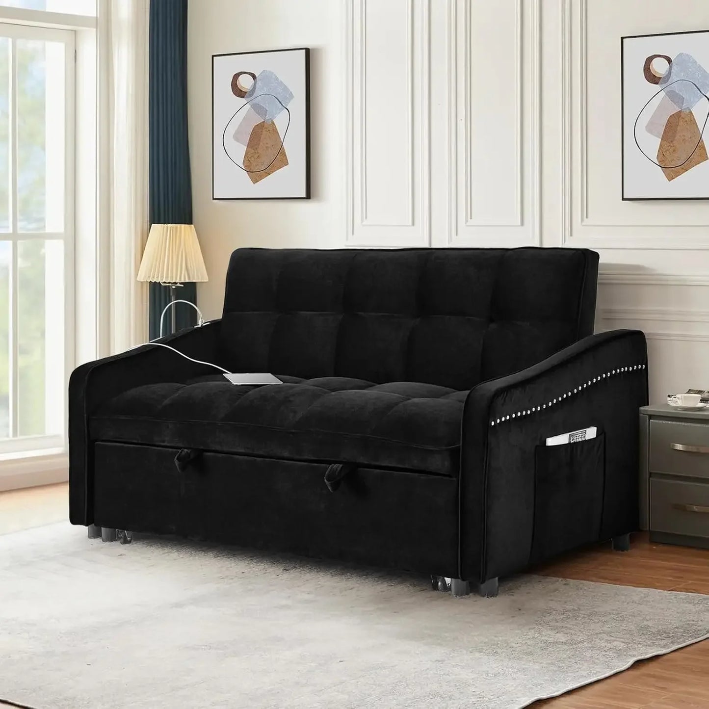3 in 1 Sleeper Sofa Couch Bed with USB & Type C Port, 52" Small Modern Convertible Tufted Velvet Loveseat Sofa w/Pull Out Bed
