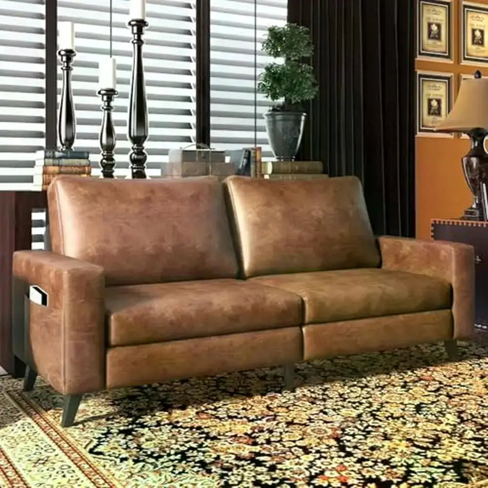 Mid-Century Modern Brown Faux Leather Sofa 79" Comfy Couch Spacious Seat Easy Assembly Durable PU Leather Loveseat Living Room