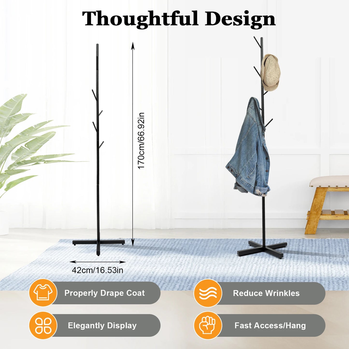 Free-Standing Clothes and Hats Rack Tree-shaped Clothes Rack Metal Coat Rack
