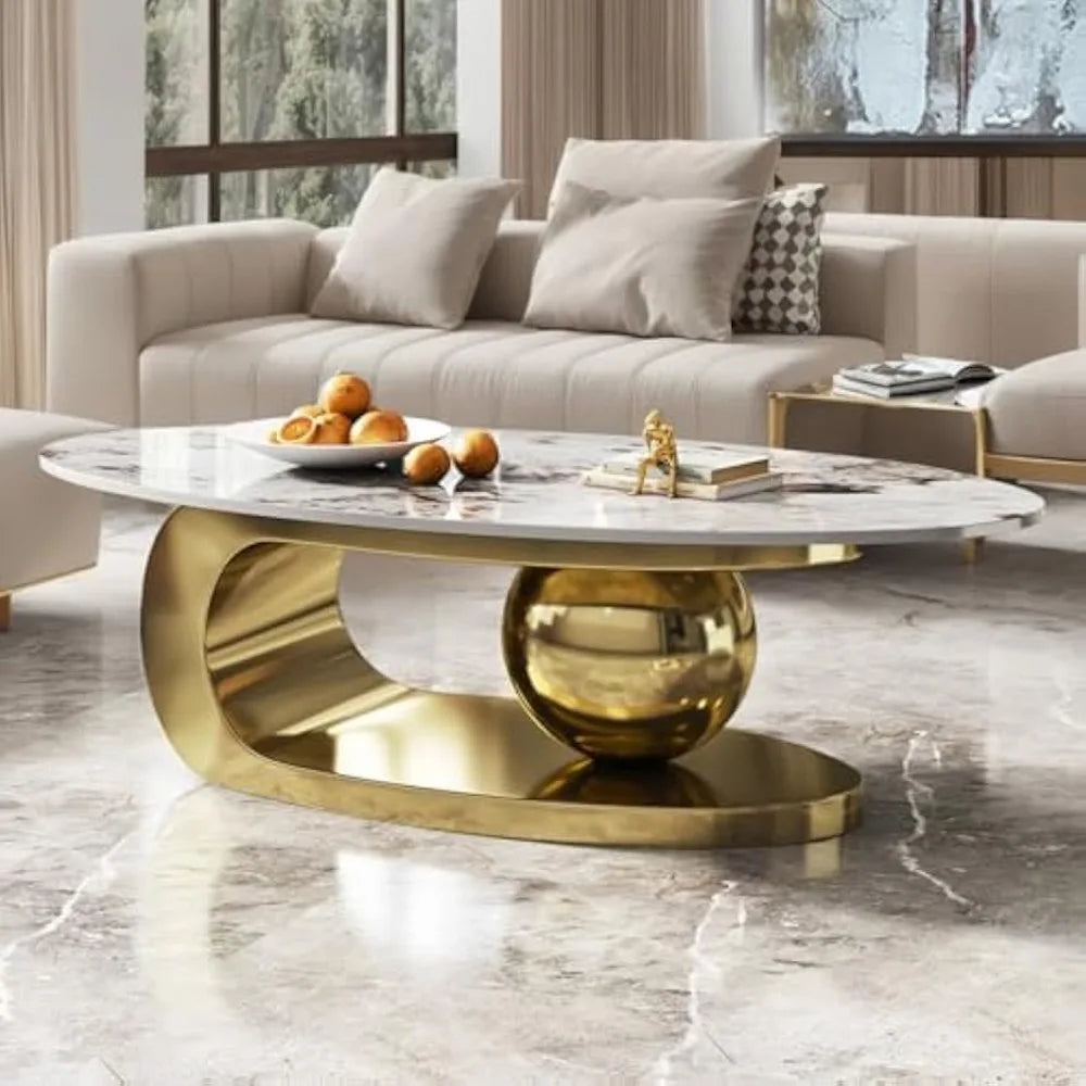Oval Stone Coffee Table, Gold Metal Base Marble Coffee Table Center Table, Luxurious Gold and Stone Living Room Table