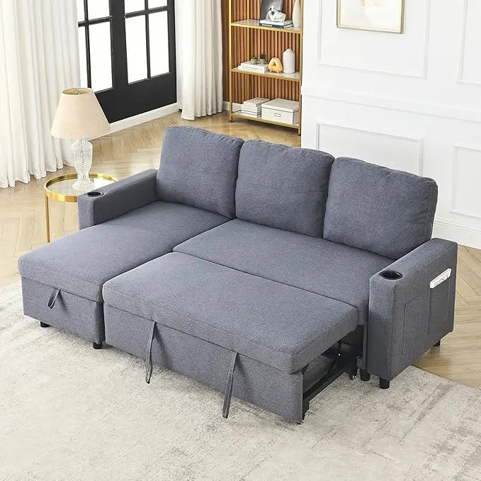 Modern Convertible Sleeper Sofa Bed, Seat Lounge Sofa w/Reclining Backrest,Toss Pillows,Sofa Couch Pullout Bed for Living Room