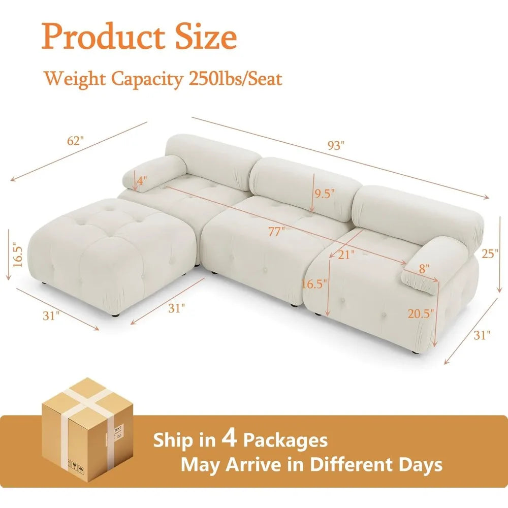 Modular Sectional Sofa,93"Green Velvet Sectional Cloud Couches for Living Room,Modern L-Shaped Sofa for Bedroom Apartment Office