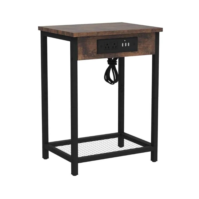 Nightstand with Charging Station Bedroom End Side Table with USB Ports outlets Modern Record Player Stand 2-Tier Bedside Table