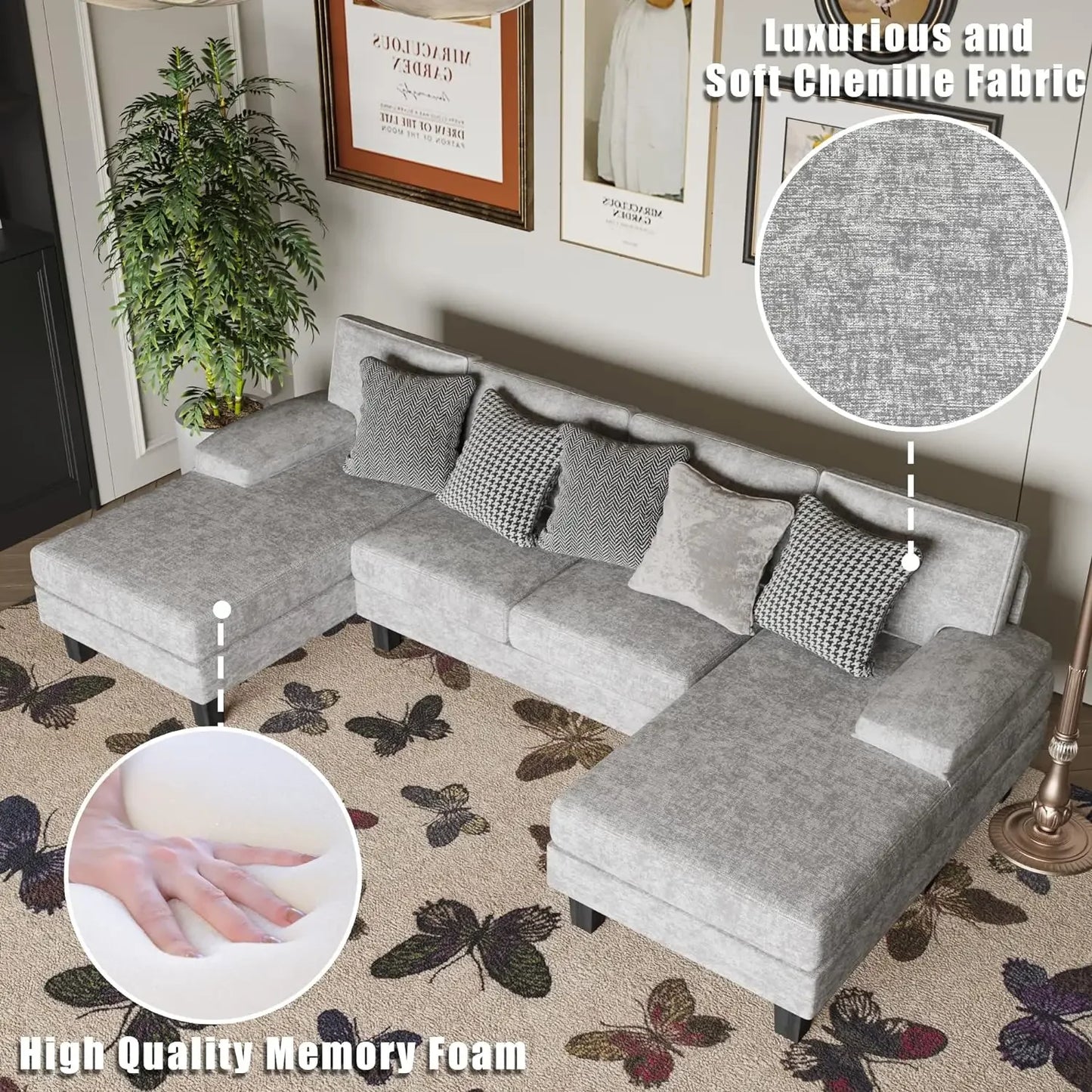 YESHOMY Convertible Sectional Sofa U-Shaped Couch with Soft Modern Cotton Chenille Fabric for Living Room, Oversized Seats with