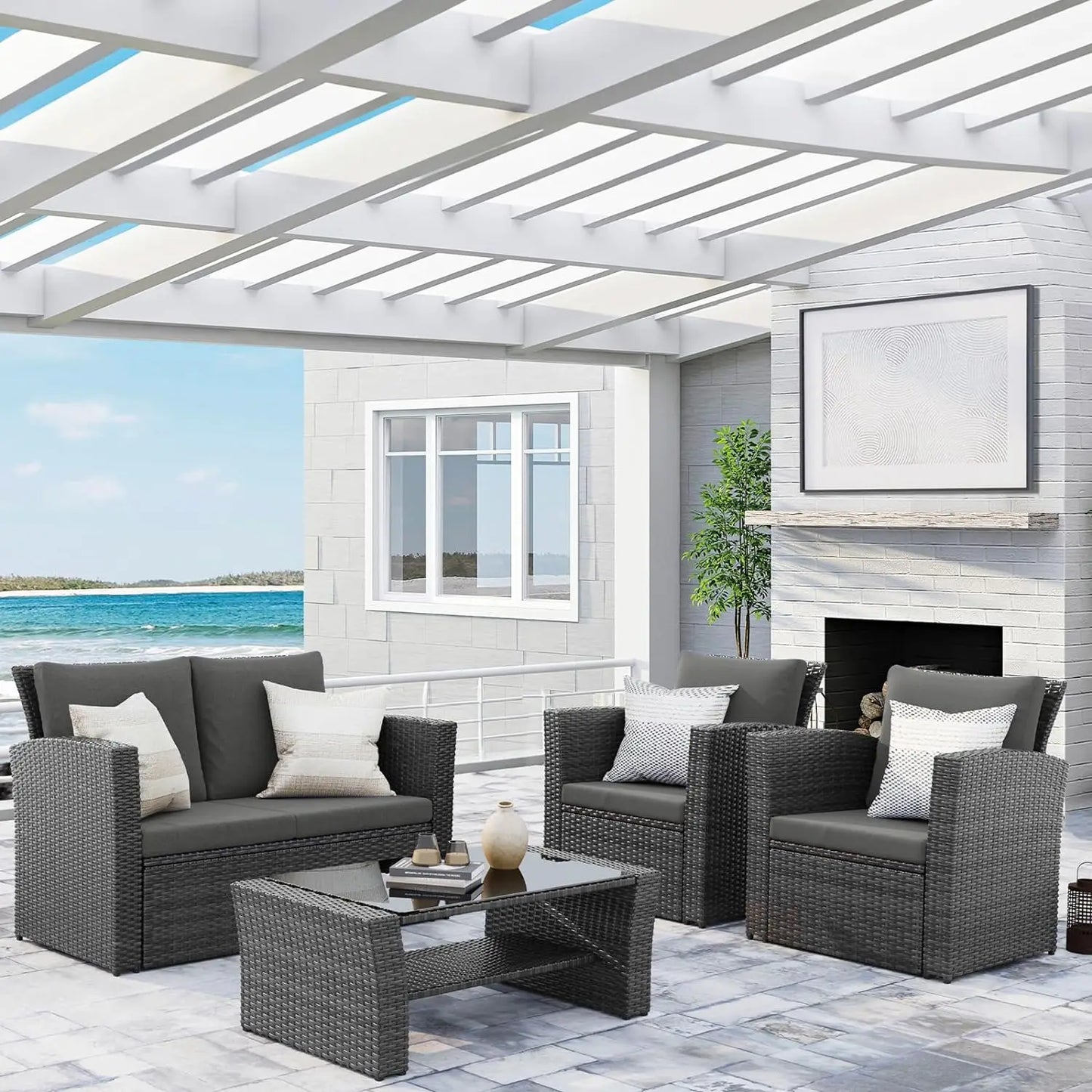4 Piece Outdoor Patio Furniture Sets, Wicker Conversation Set, Gray Rattan Sofa Chair with Cushion, Garden Furniture Set
