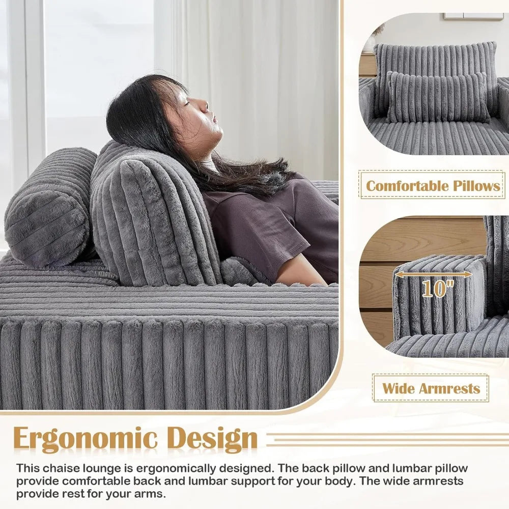 Oversized Chaise Lounge Chair Indoor,48.5" Upholstered Plush Corduroy Sofa W Armrests&Pillows,Comfy Lounge Sofa Deep Seat Sofa