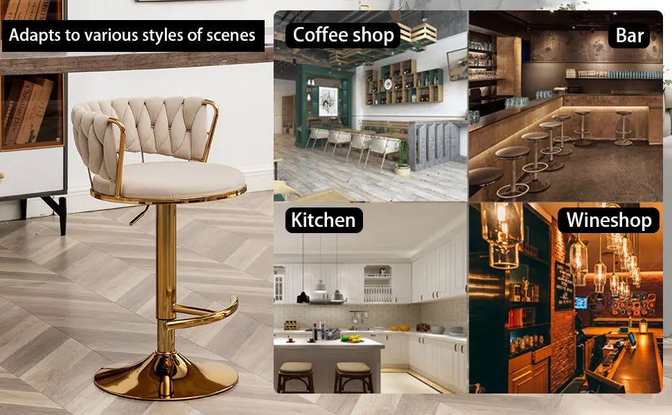 Gold Velvet Bar Stools Set of 4, Counter Height Bar Stools with Low Back, Swivel Stool for Kitchen Island, Bar Pub (Beige)