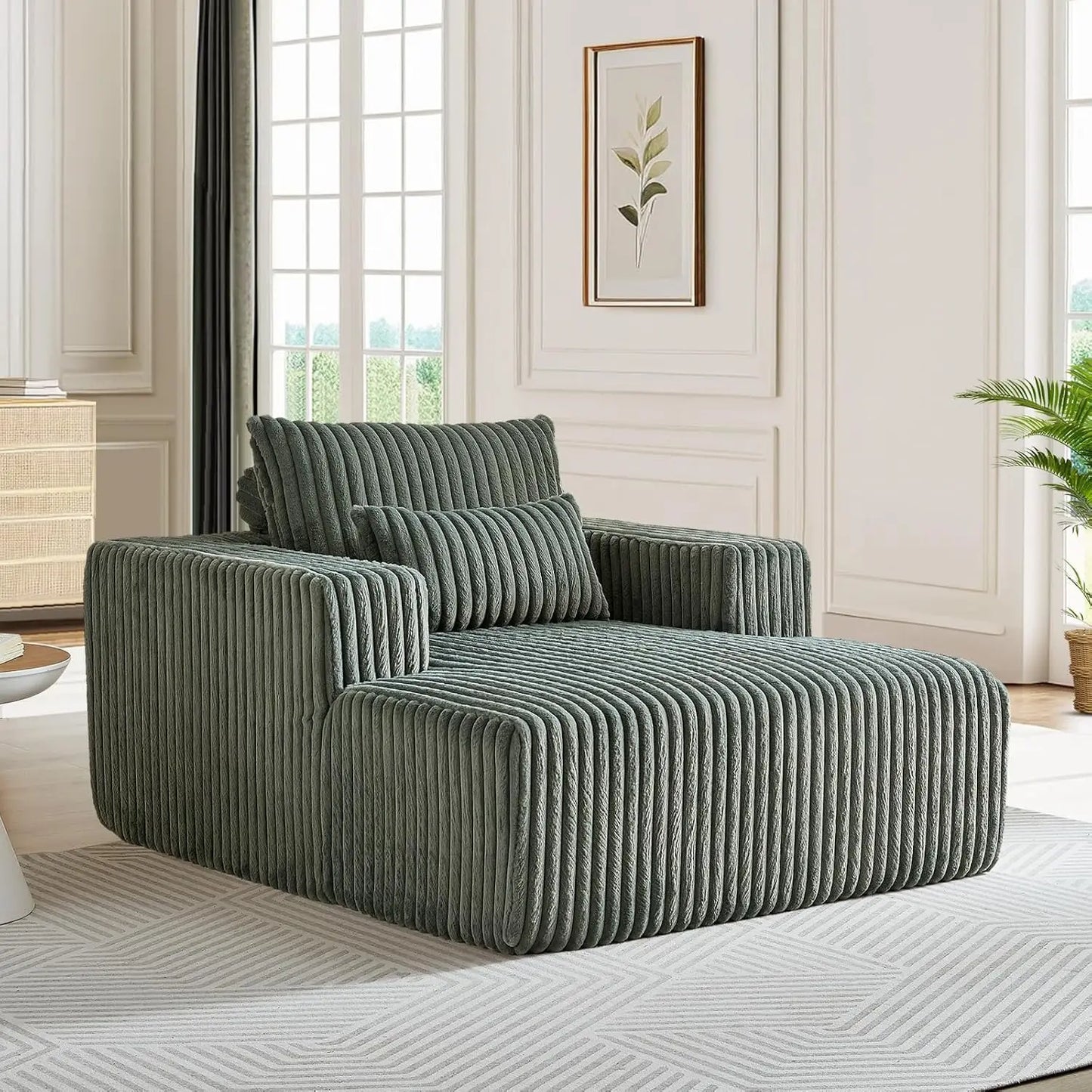 Oversized Chaise Lounge Chair Indoor,48.5" Upholstered Plush Corduroy Sofa W Armrests&Pillows,Comfy Lounge Sofa Deep Seat Sofa