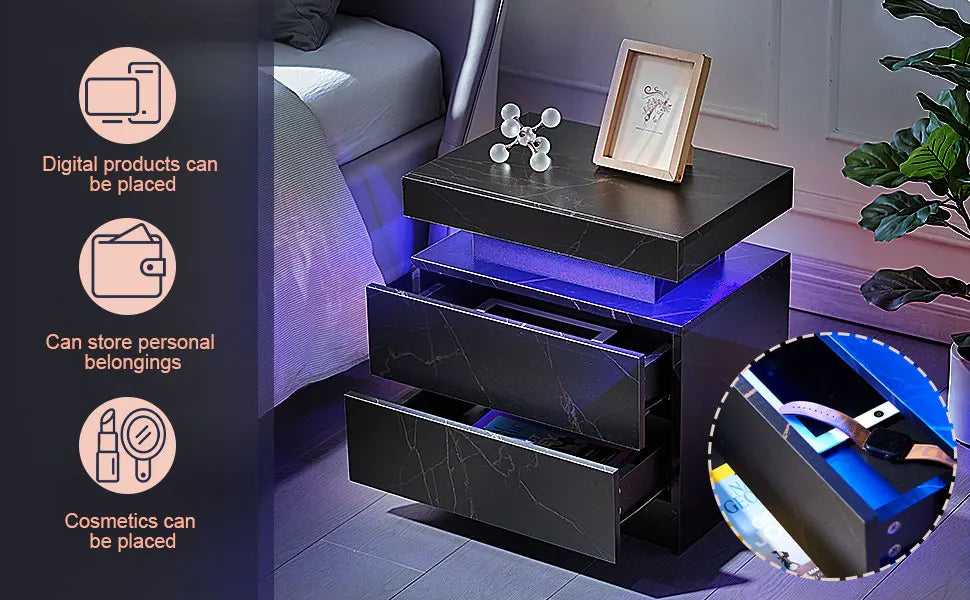 Nightstand Set of 2 LED Nightstand with 2 Drawers,Bedside Table with Drawers for Bedroom Furniture,Side Bed Table , White