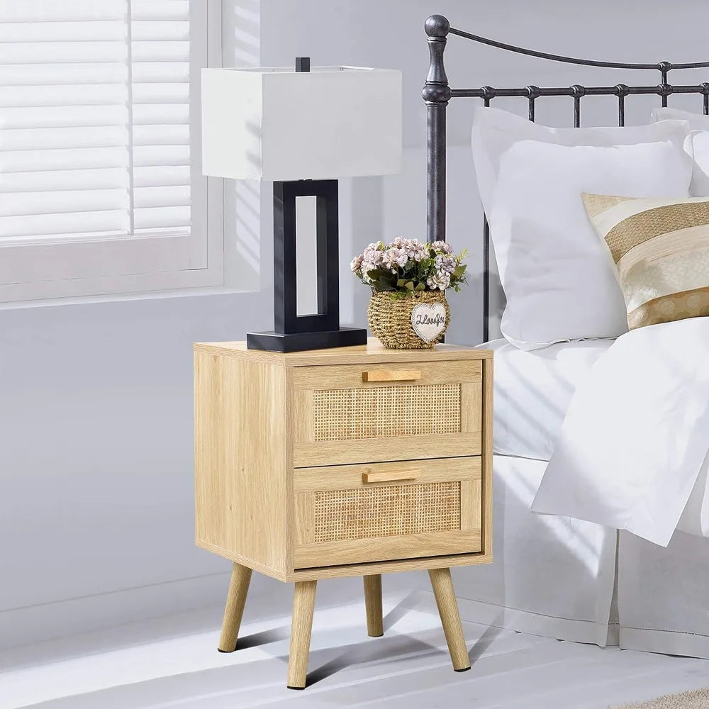 Night Stand Set of 2, Nightstand with 2 Hand Made Rattan Decorated Drawers, Wood Accent Table with Storage for Bedroom, Natural