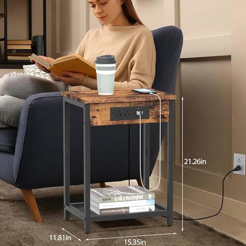 Nightstand with Charging Station Bedroom End Side Table with USB Ports outlets Modern Record Player Stand 2-Tier Bedside Table