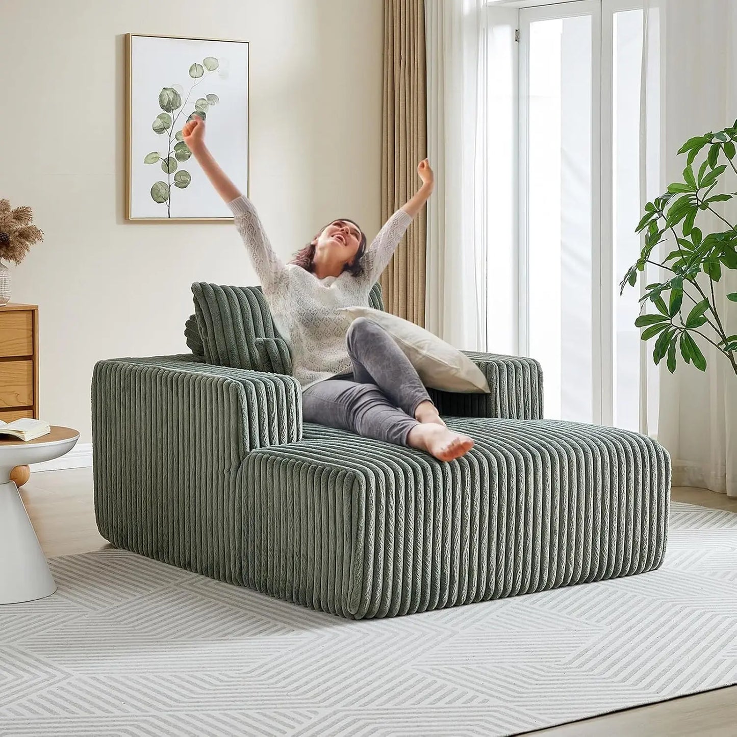 Oversized Chaise Lounge Chair Indoor,48.5" Upholstered Plush Corduroy Sofa W Armrests&Pillows,Comfy Lounge Sofa Deep Seat Sofa
