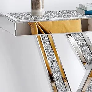Modern Console Table Mirrored Finished, Glam Style W Silver Entryway Table Inlay with Sparkly Crushed Crystals, 35 inches Contem