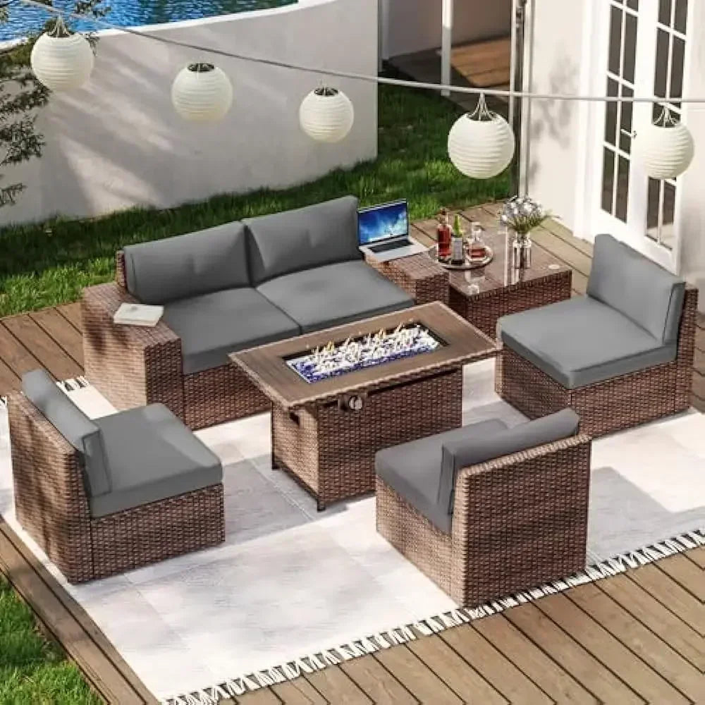 Outdoor Patio Furniture 7 Piec Set with 44” Fire Pit Table & Include Waterproof Cover with Cushions, Outdoor Furniture Set