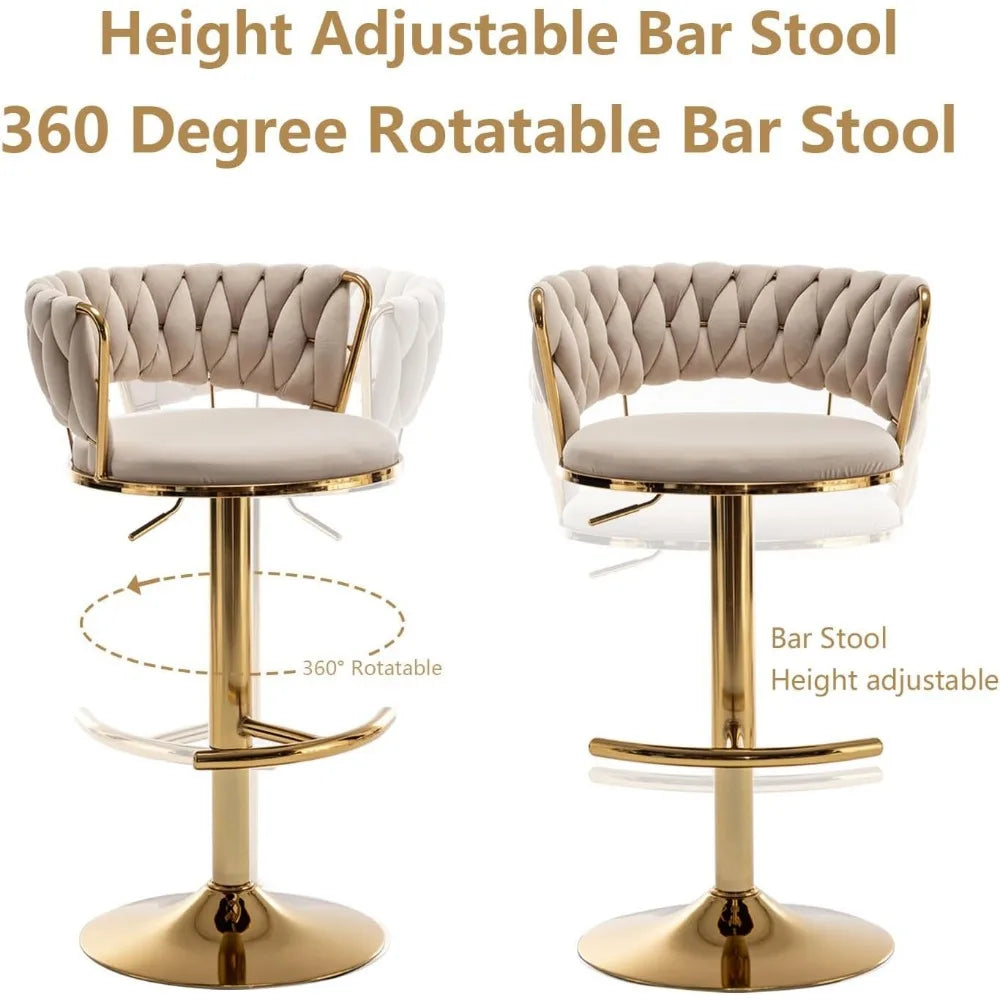 Gold Velvet Bar Stools Set of 4, Counter Height Bar Stools with Low Back, Swivel Stool for Kitchen Island, Bar Pub (Beige)
