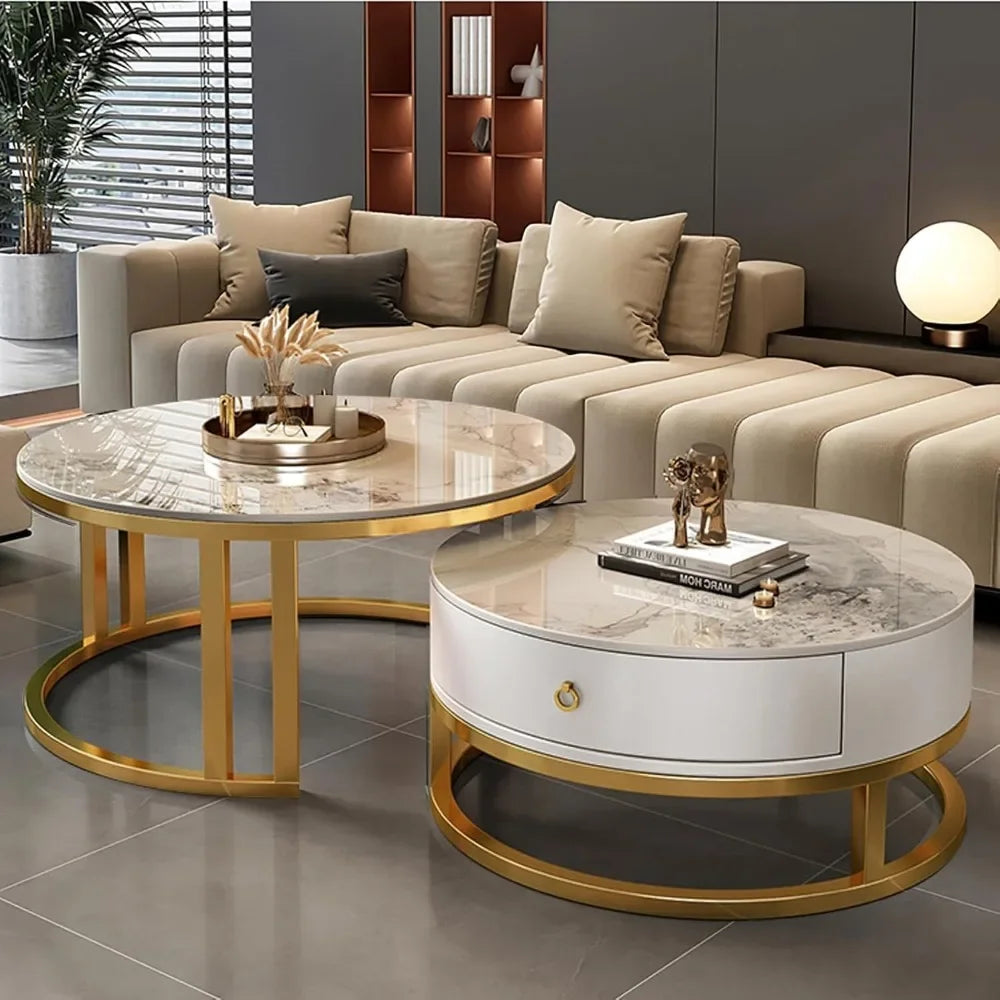 Modern Nesting Coffee Table with drawer,round,soild wood tabletop,metal frame,simple Sliding design tea table for Living Room