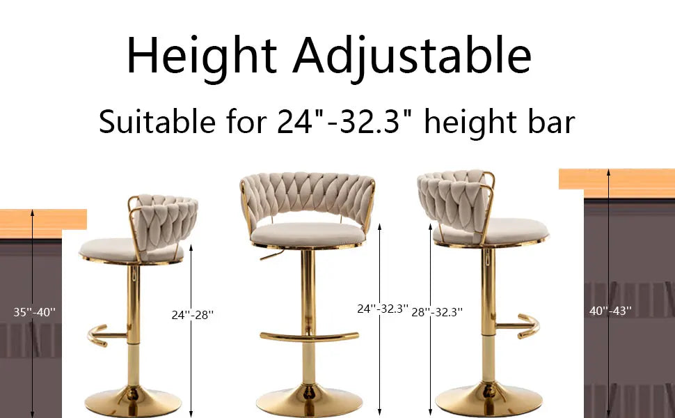 Gold Velvet Bar Stools Set of 4, Counter Height Bar Stools with Low Back, Swivel Stool for Kitchen Island, Bar Pub (Beige)