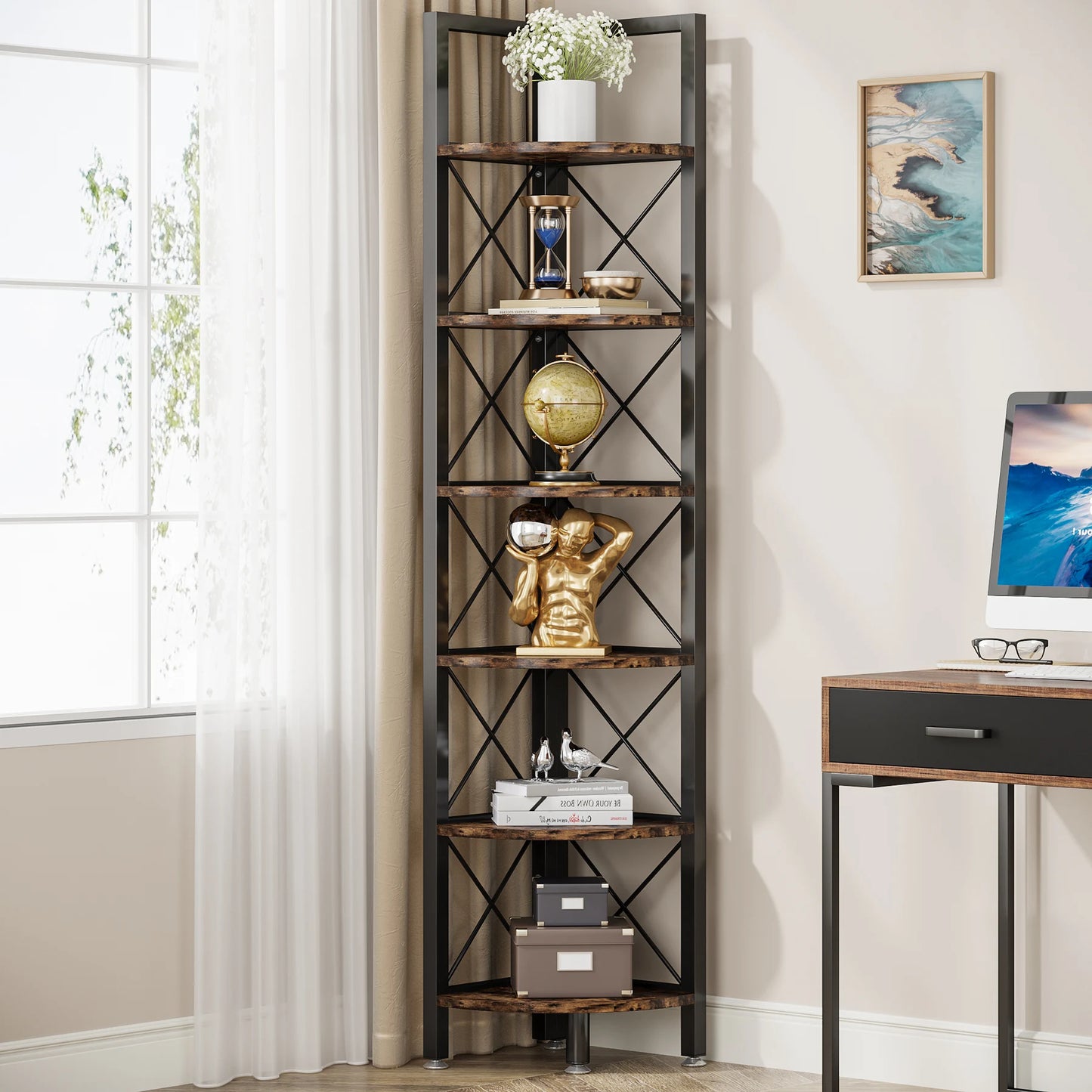 Tribesigns 6 Tier Corner Shelf, Rustic Corner Bookshelf Small Bookcase Corner Storage Rack Plant Stand for Living Room