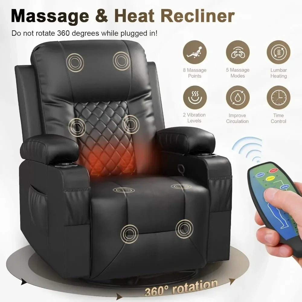 Living Room Sofa Set, 3 Seat Reclining Sofa and 2PC 360° Swivel Recliner Chair with Heat and Massage for Living Room Sofa