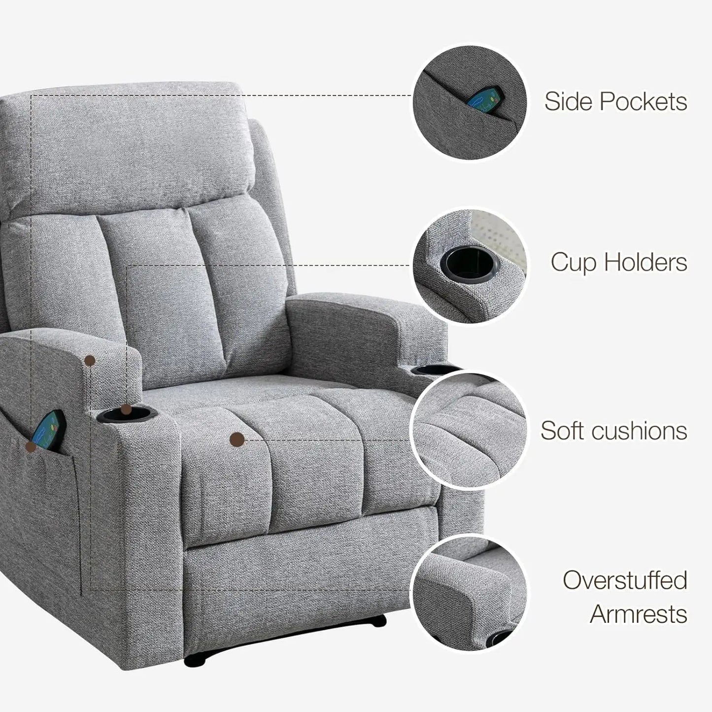 Home Manual Recliner Chair with Massage and Heat for Living Room Overstuffed Breathable Fabric Reclining Chair with 2 Side Pocke
