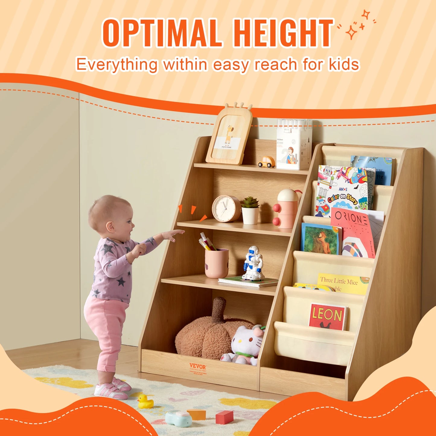 VEVOR 4-Tier Kids Wooden Bookshelf Six-Layer Sling Bookcase Baby Storage Book Rack for Kids Room Playroom Kindergarten Nursery