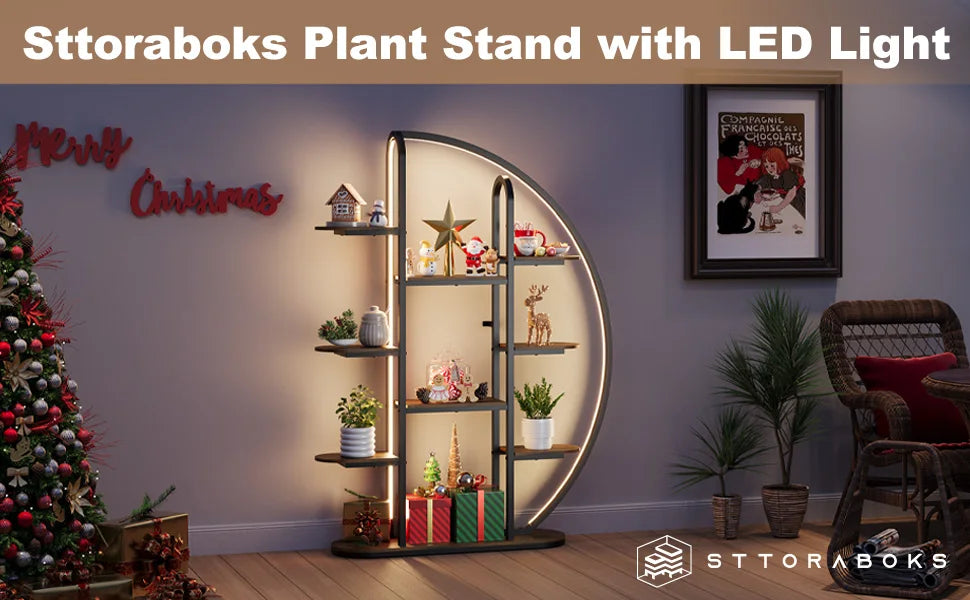Big Plant Stand Indoor with LED Light, 65”Tall Metal Plant Shelf Flower Stand for Multiple Plants, 9 Tier Moon-Shaped Plant Rack