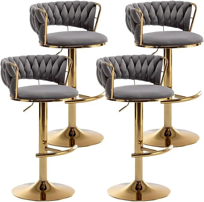 Gold Velvet Bar Stools Set of 4, Counter Height Bar Stools with Low Back, Swivel Stool for Kitchen Island, Bar Pub (Beige)