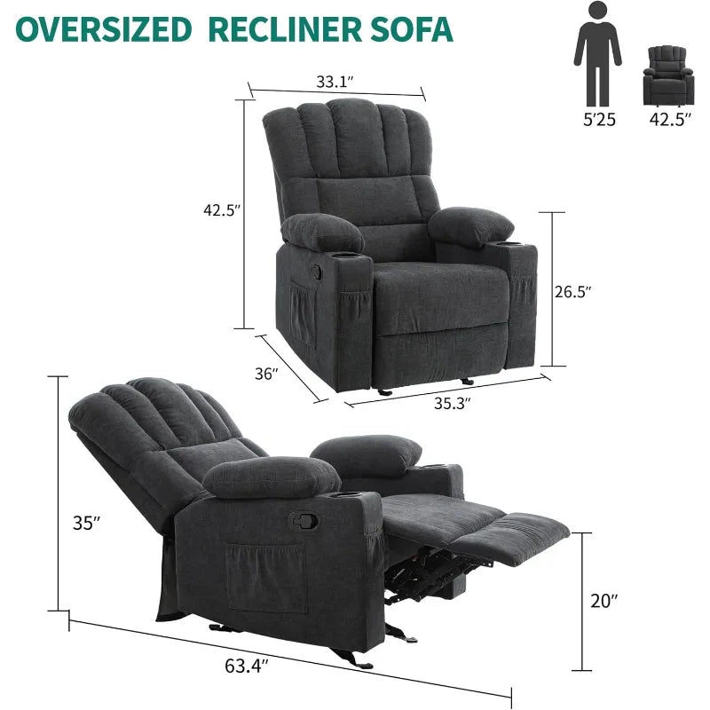 Glider Rocker Recliner Chair with Massage and Heat, Fabric Recliner Chair,Manual Rocking Recliner Chair with 2 Cup Holders
