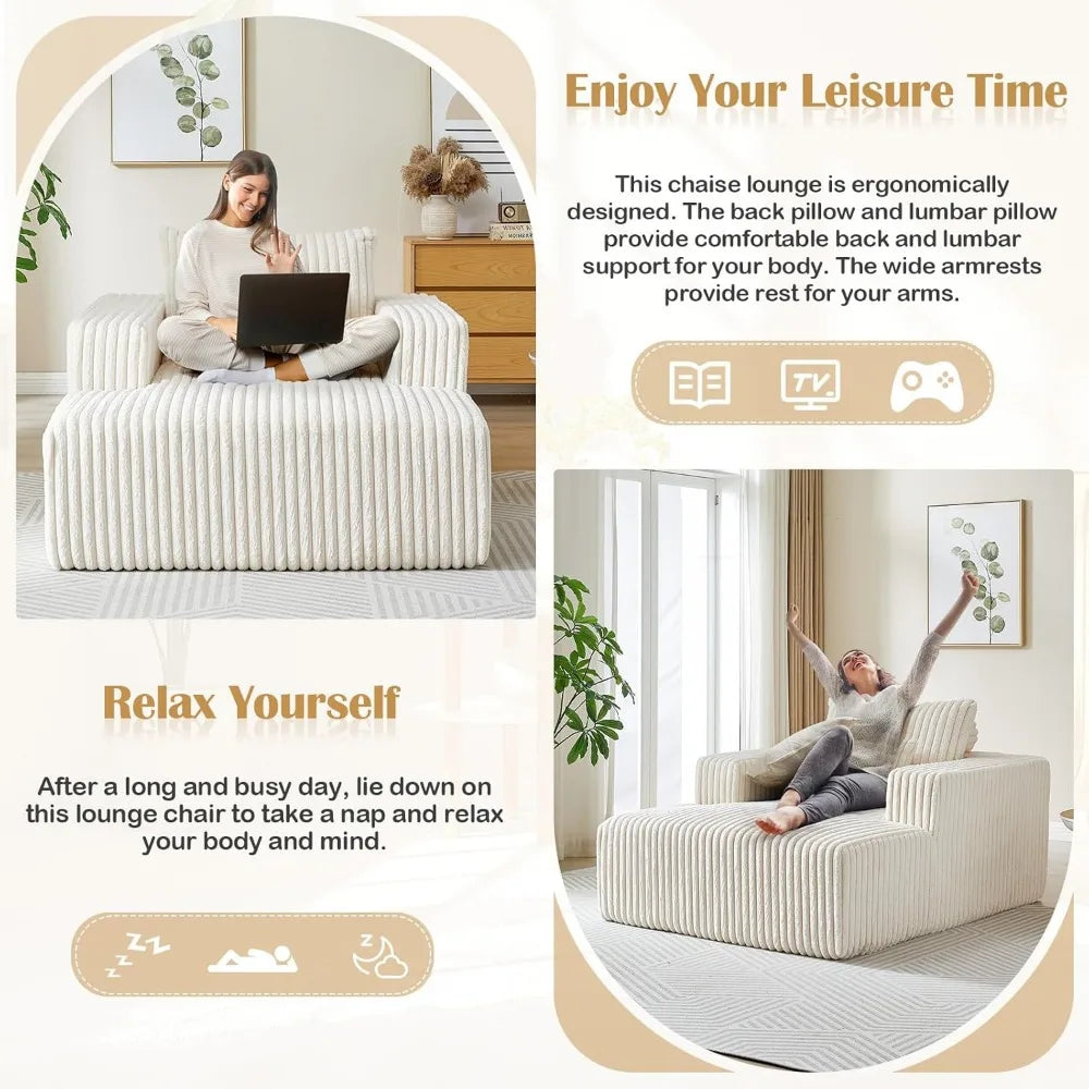 Oversized Chaise Lounge Chair Indoor,48.5" Upholstered Plush Corduroy Sofa W Armrests&Pillows,Comfy Lounge Sofa Deep Seat Sofa