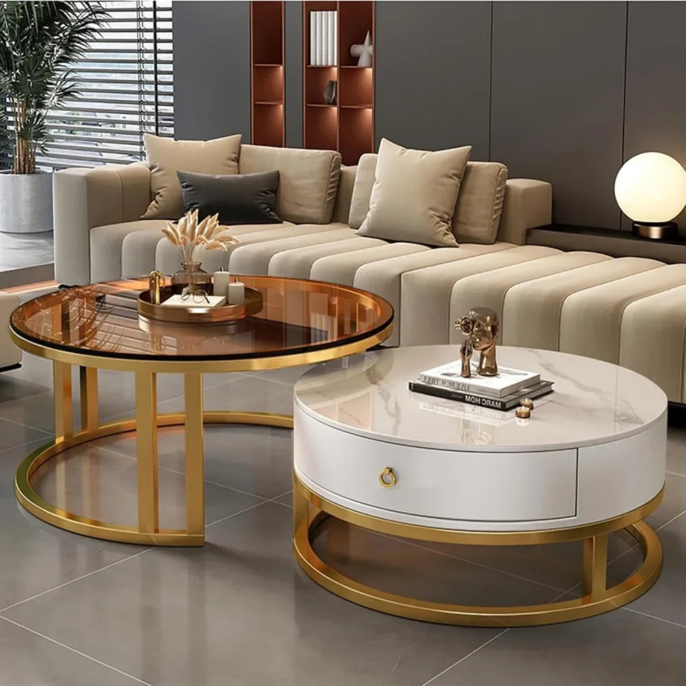 Modern Nesting Coffee Table with drawer,round,soild wood tabletop,metal frame,simple Sliding design tea table for Living Room