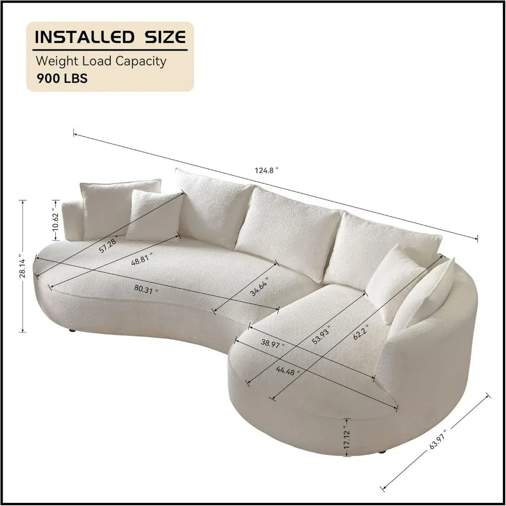 124.8" Modern Curved Sofa Couch, Upholstery Boucle Sofa Couch with Pillows, Right Hand Facing Sectional Boucle Fabric Couch