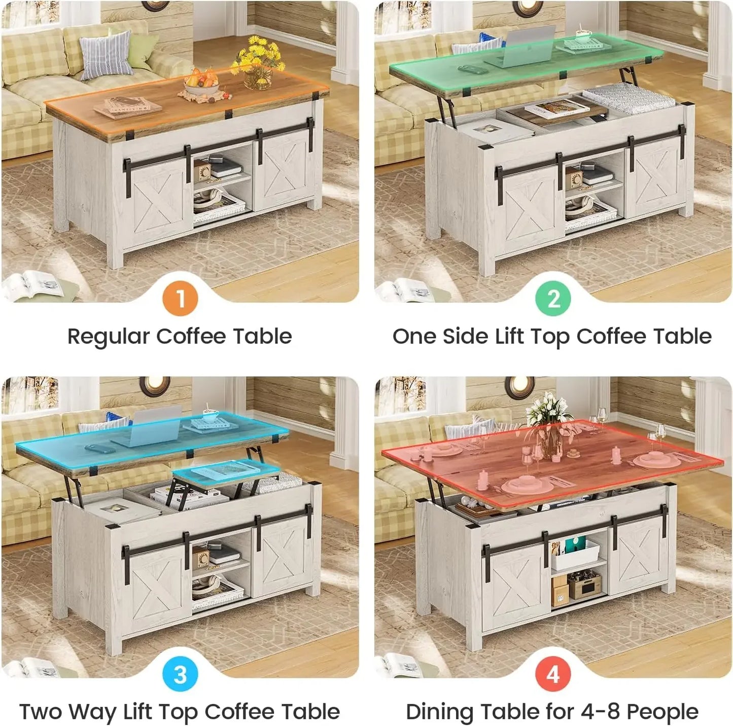 Lift Top Coffee Table 4 in 1 Multi-Function Convertible Coffee Tables with Storage and Hidden Compartment Farmhouse Coffee Table