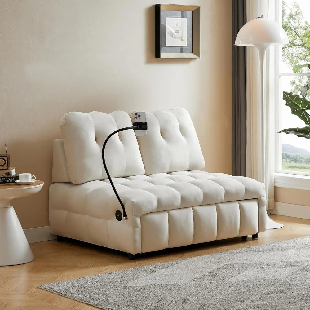 Twin Pull Out Sofa Bed with USB Port,Velvet Upholstery Couch, Chaise Lounge,Convertible Sleeper Sofa Bed